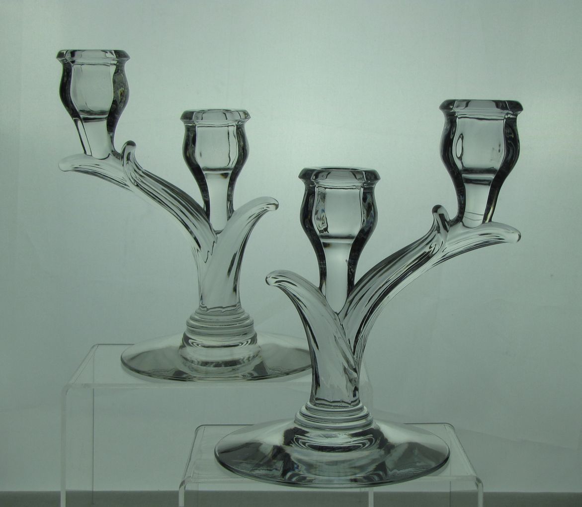 #140 Crocus Two Light Candlestick, Crystal, 1933-1936